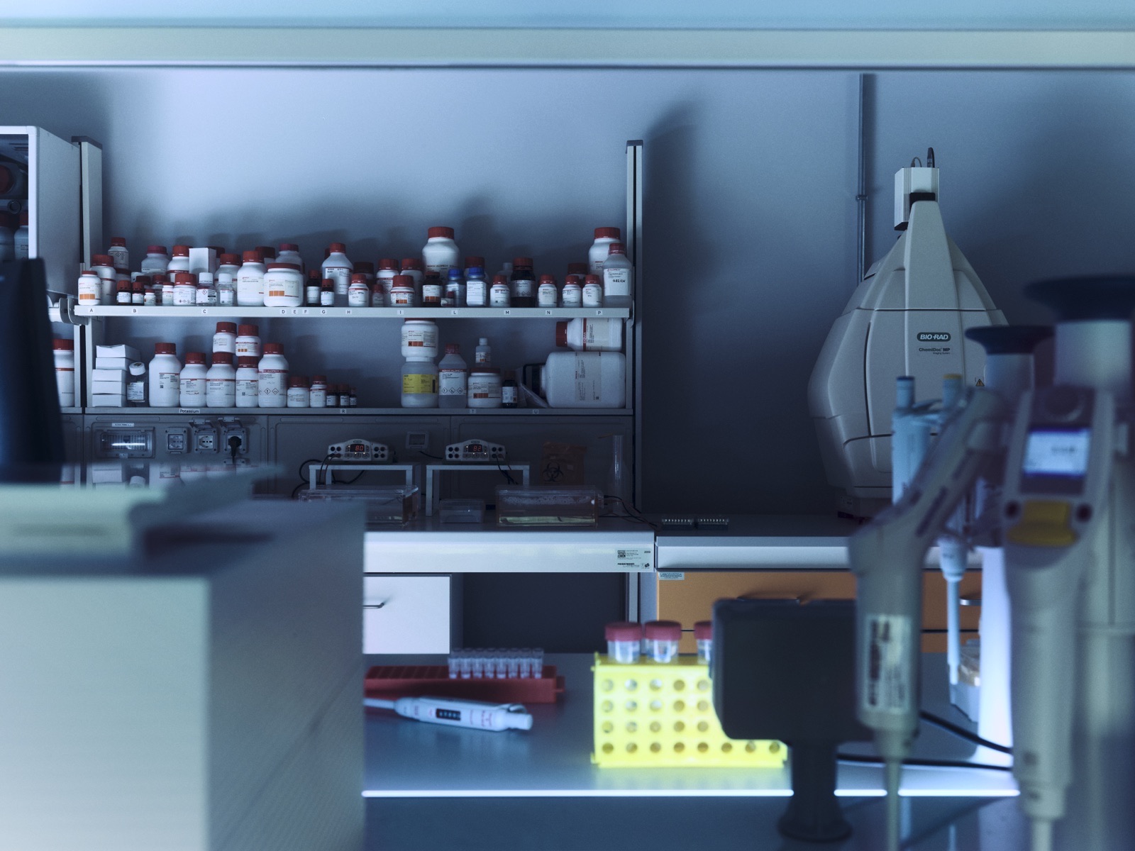 Lab bench, reagents and pipettes.