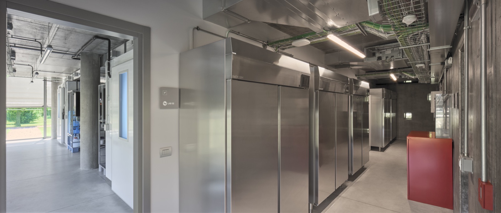 Stainless-steel equipment corridor.