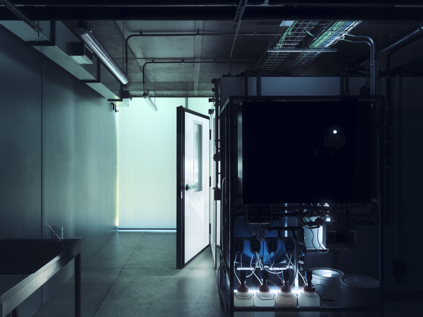 Bioreactor with glowing tubes.